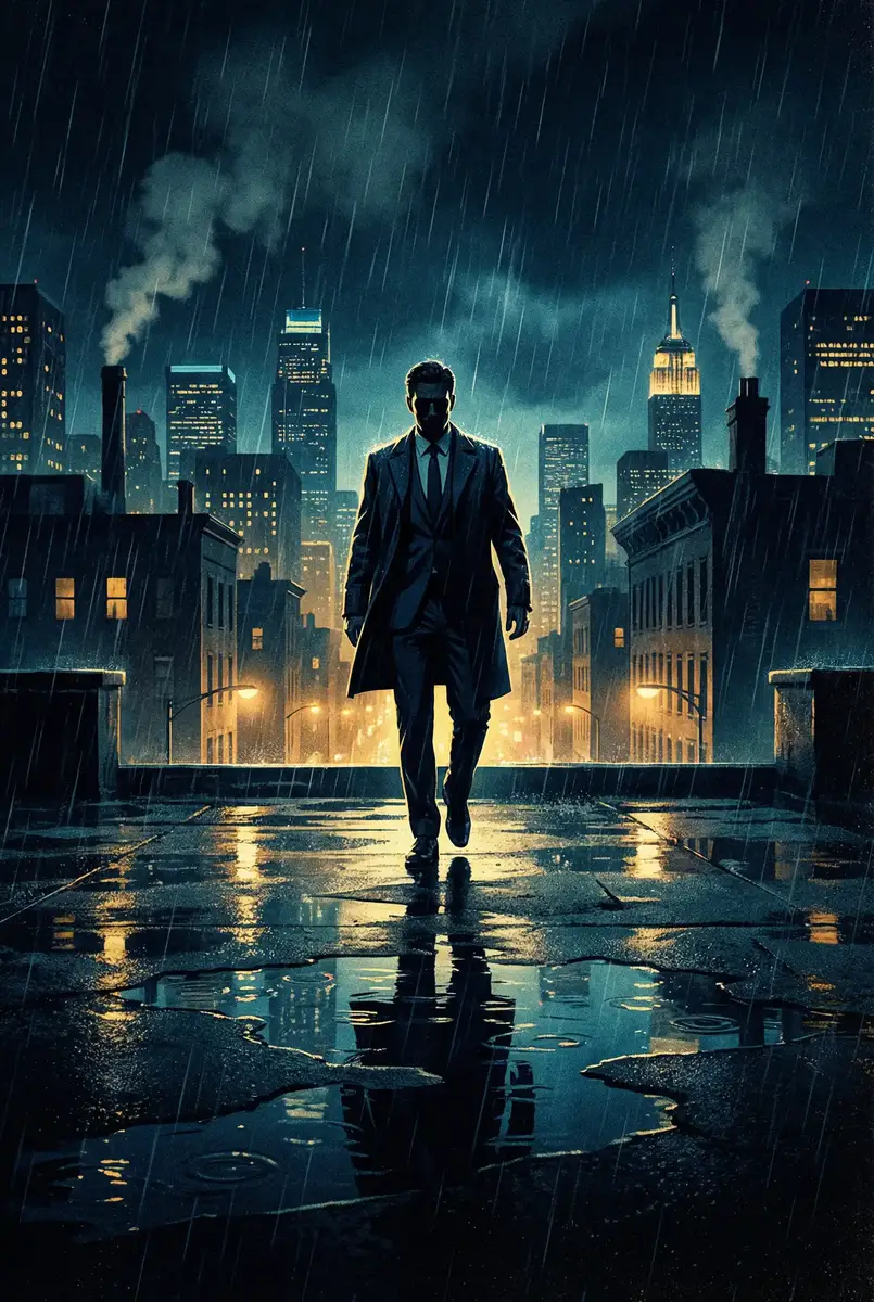 2008版新金瓶梅 出品影片《雨夜独行者》海报，雨中城市屋顶男性剪影